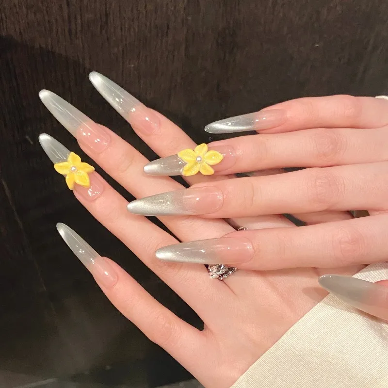 

10pcs Handmade Nails Gradient Mint Green Premium Summer Floral Long Pointed Press-On Nails Perfect Gift for Women and Friends