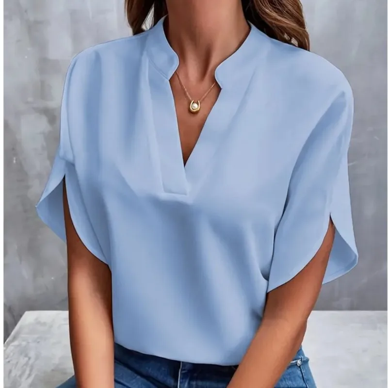 Women\'s temperament commuting 2024 summer new elegant casual solid color patchwork chiffon V-neck loose shirt top for women