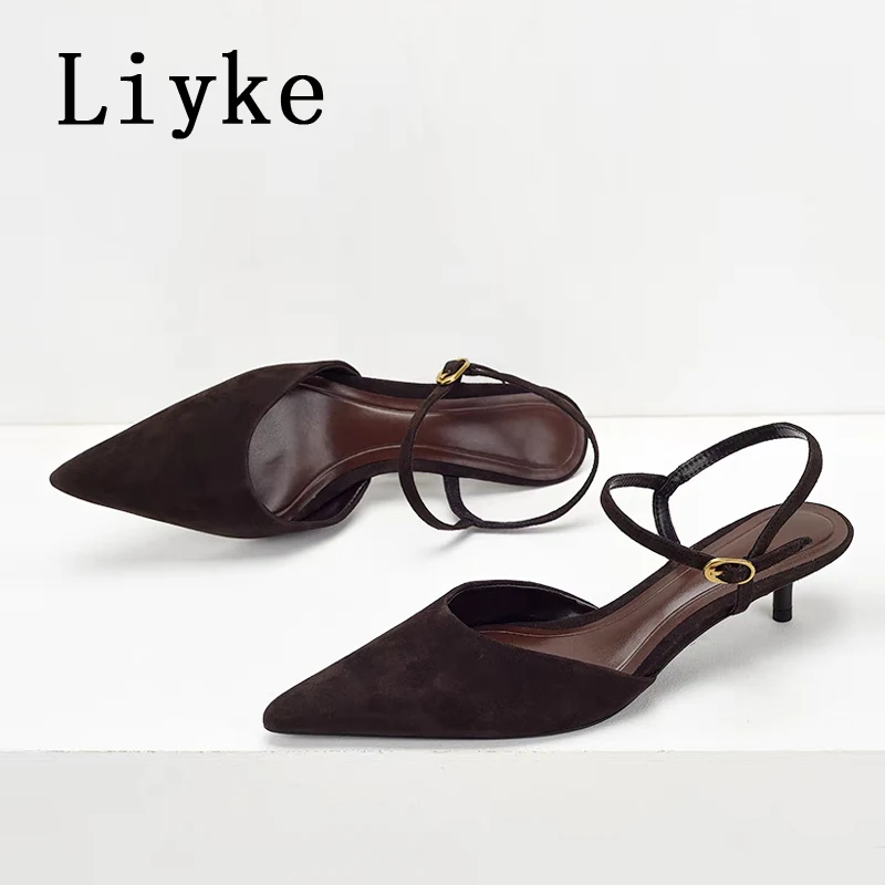 

Элегантные туфли-мюли Liyke с острым носком на низком тонком каблуке, женские дизайнерские туфли для вечеринок, модные туфли-лодочки с пряжкой, размер 42