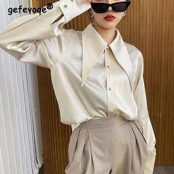 Women Satin Pointed Collar Luxury Designer Elegant Shirts Spring Autumn Fashion Office Lady Business Casual Long Sleeve Blouses