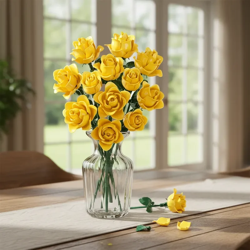 창의적인 장미 꽃다발 블록 585개 세트 고딕 로맨틱 핑크 차분한 블루 홈 데코 발렌타인 선물 아름다운 상자 포함