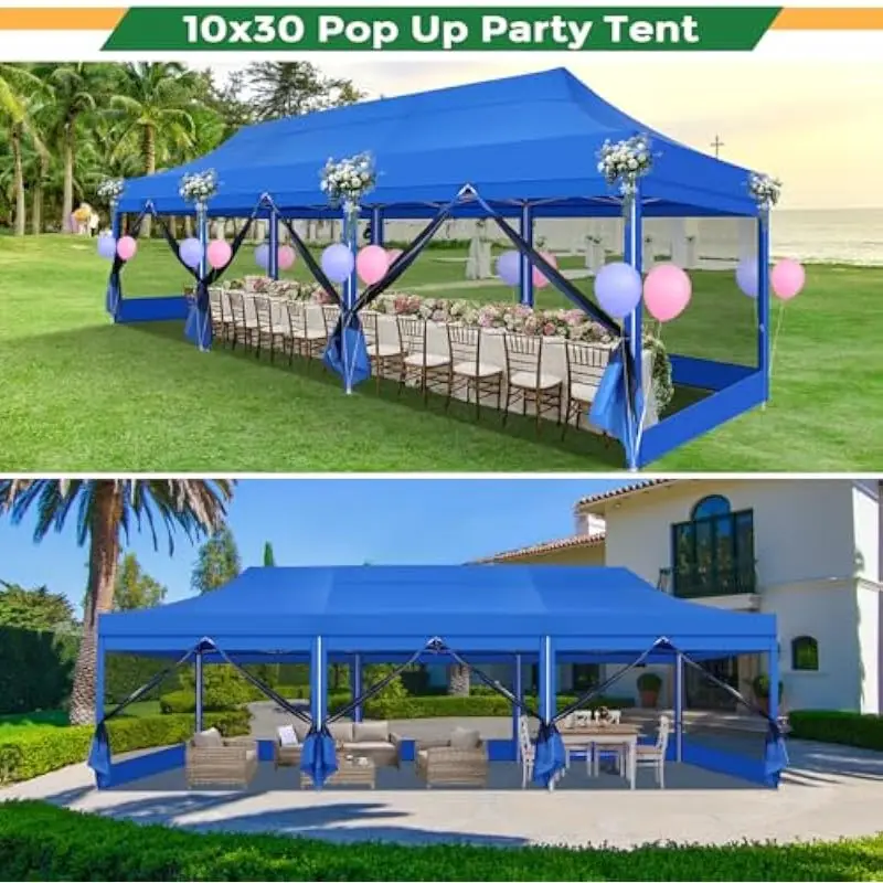 10x30 Outdoor Pop Up Canopy with 8 Removable Mesh Walls, Rust-Resistant Steel Frame, 420D Waterproof Top, 3-Height Adjustment, Q