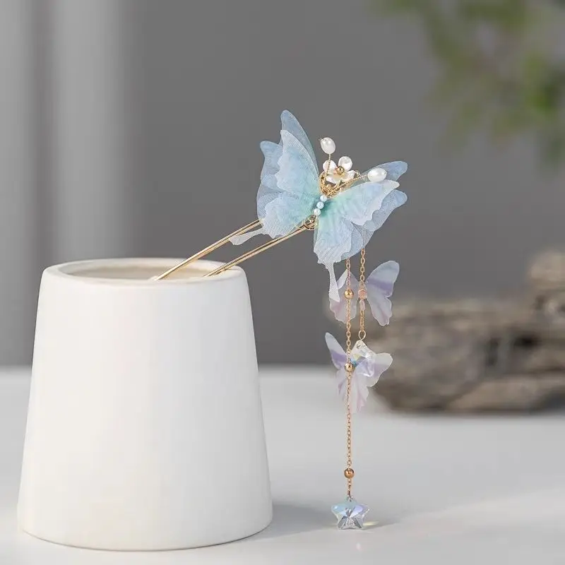 

Сказочная китайская заколка для девочек, древний стиль, длинная заколка для волос с кисточками, детская прическа в виде булочки, прическа для малышей, ежедневное украшение в виде бабочки