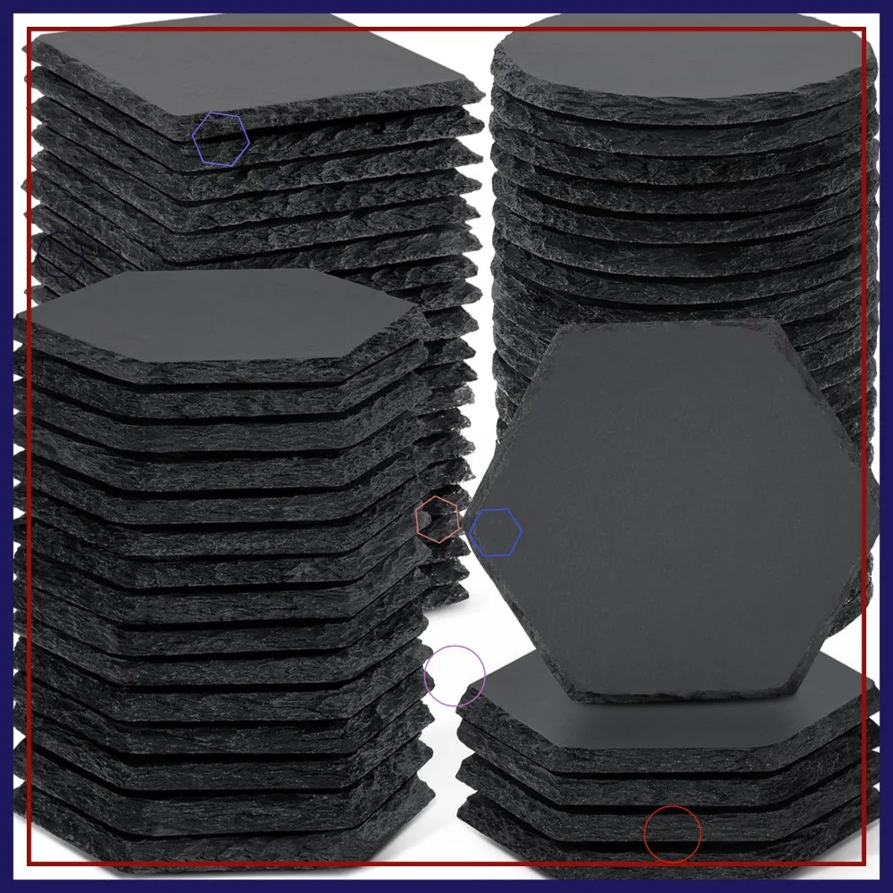 

60 PCS Black Slate Stone Coasters Bulk, 4 Inch Square Round Hexagon Handmade for Laser Engraving, Engravable Blanks Gifts