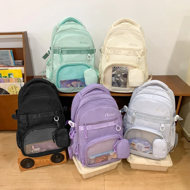 

Korean Casual Durable Nylon School Bags for Teenagers Large Capacity Kawaii Girls Travel Backpack Pin Ita Purse Bookbags