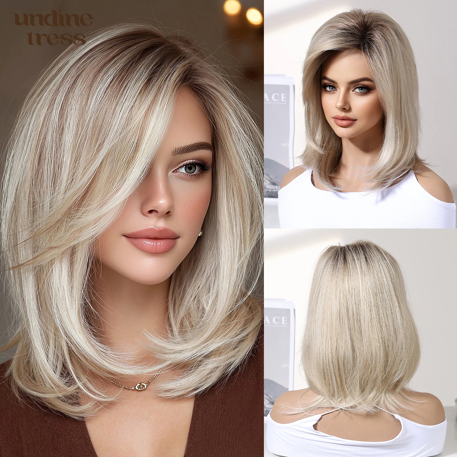 

Ombre Ash Blonde Bob Wig with Side Bangs, 14 Inch Layered Synthetic Wig, Heat Resistant Hair for Women Daily Party