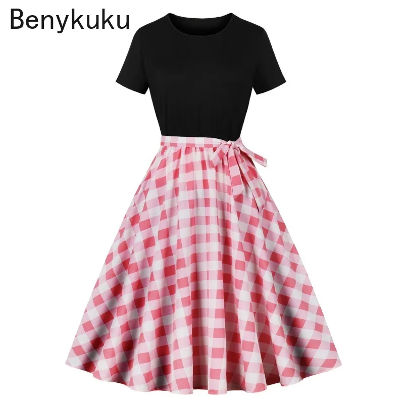 

Plaid Print Summer Dresses for Women 2024 Robe Pinup Vintage 50s 60s Short Sleeve Rockabilly Party Office Dress Casual Vestidos