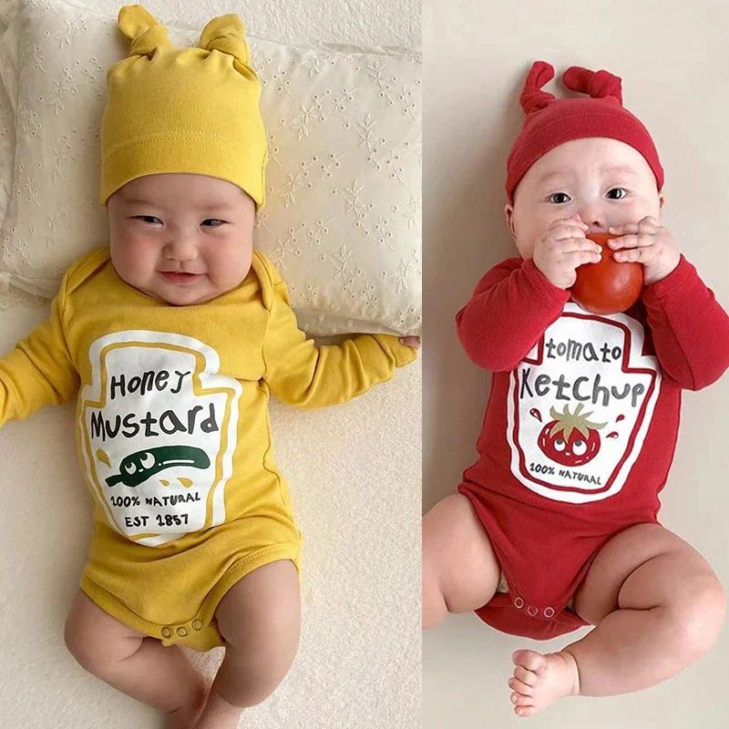 Spring Summer Korean Version Tomato Print Modeling Ketchup and Yellow Mustard Costume 2025 New Baby Onesie Baby Clothing Suit