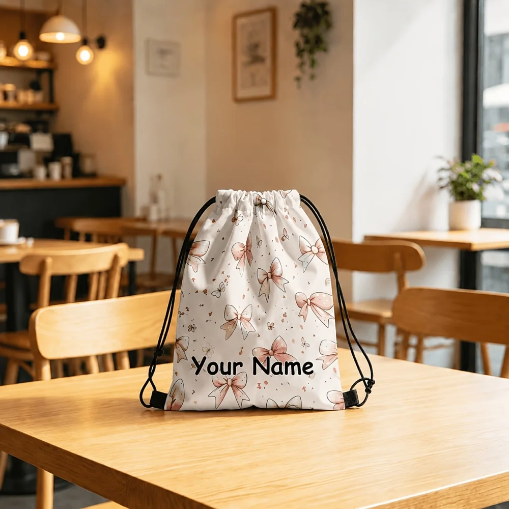 1Pc Personalized Bow Pattern Custom Text/Name Drawstring Bag, Lightweight Travel Sports Bags Gym Sack Storage Backpack