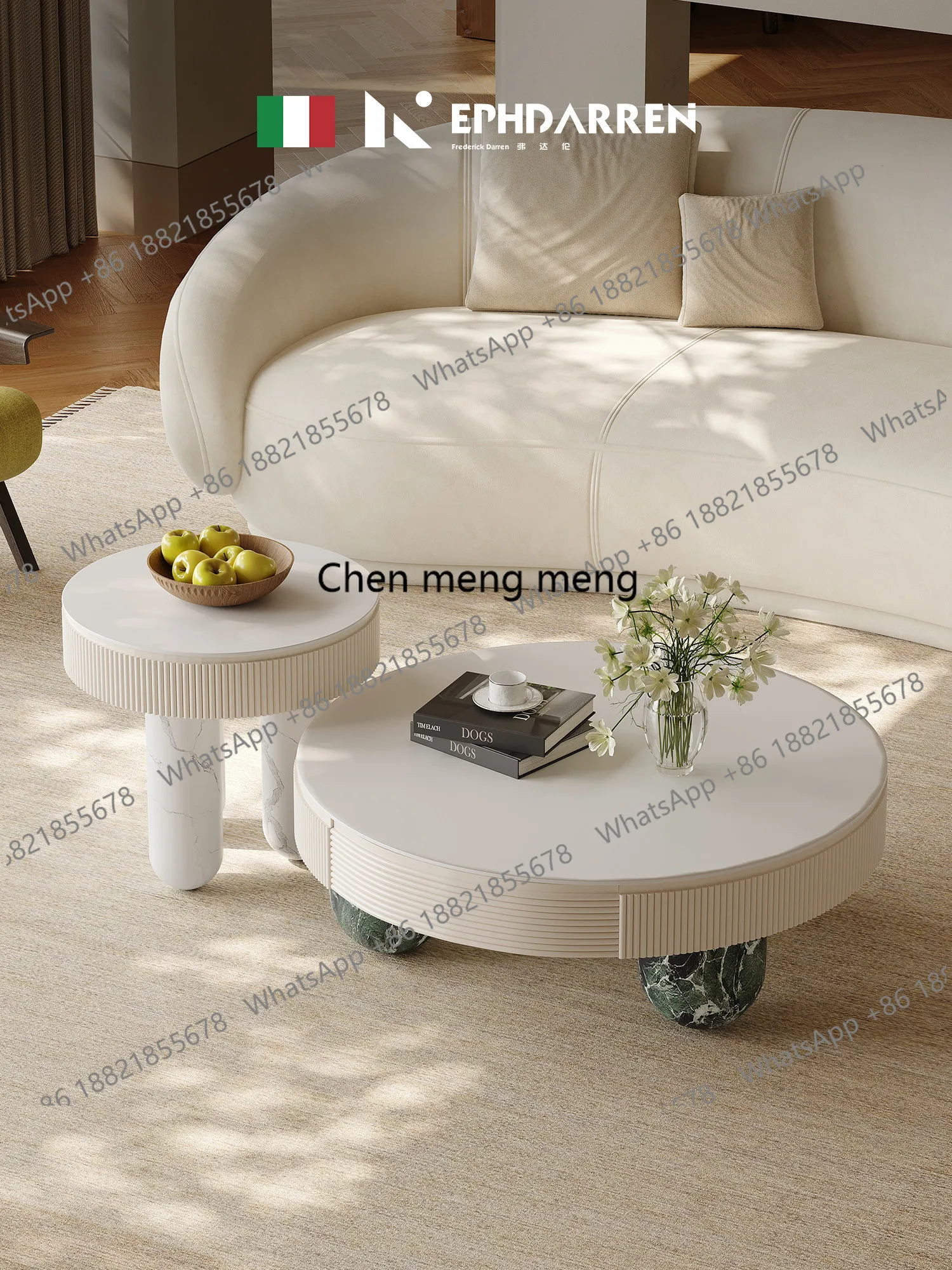 French cream wind rock slab coffee table combination round living room household small apartment high-end marble pattern