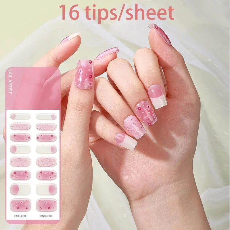 16Tips Eco-friendly Nail Gel Sticker DIY French Manicure Nail Art Design Full Gel Wraps Semi Cured Gel Sticker For Women Decals