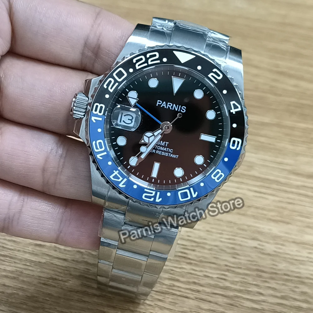 Parnis 40mm Sapphire Crystal GMT Automatic Movement Left Crown Black Dial Men Boy Watch Luminous Marker Date Black Blue Bezel