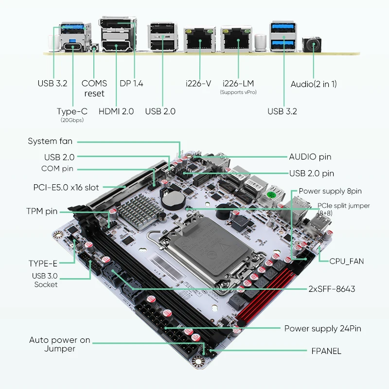 Q670 Intel vPro 8-Bay NAS Moederbord 12/13/14e Gen LGA1700 CPU 3x NVMe 8x SATA3.0 1x PCIEx16 2x DDR5 2x 2.5G LAN Moederbord