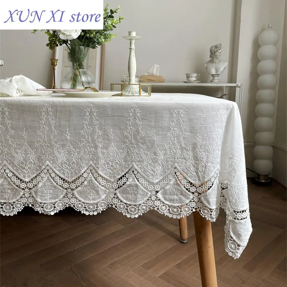 

New French White Lace Flower Embroidery Cotton Tablecloth for Wedding Party Decoration Table Cloth Luxurious Table Cover