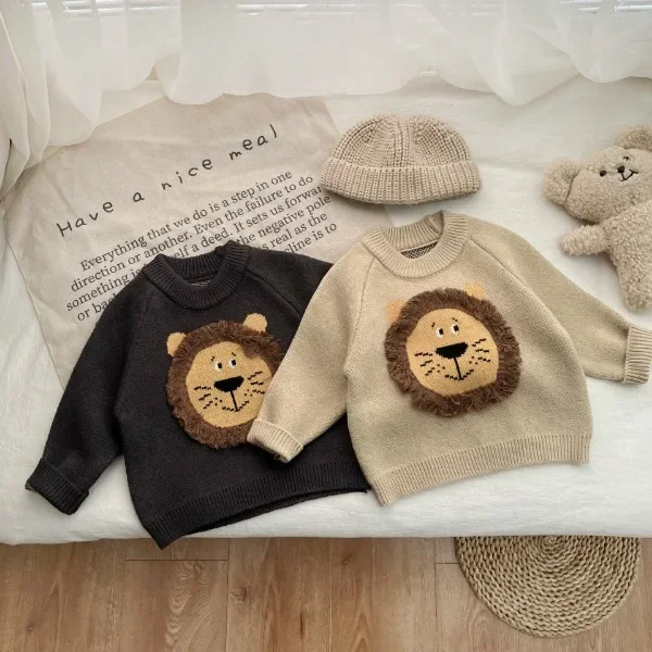 Autumn Winter Kids Cartoon Lion Knitted Sweater Baby Girl Thicken Casual Warm Pullover Knitwear Boys Children Retro Tops Clothes