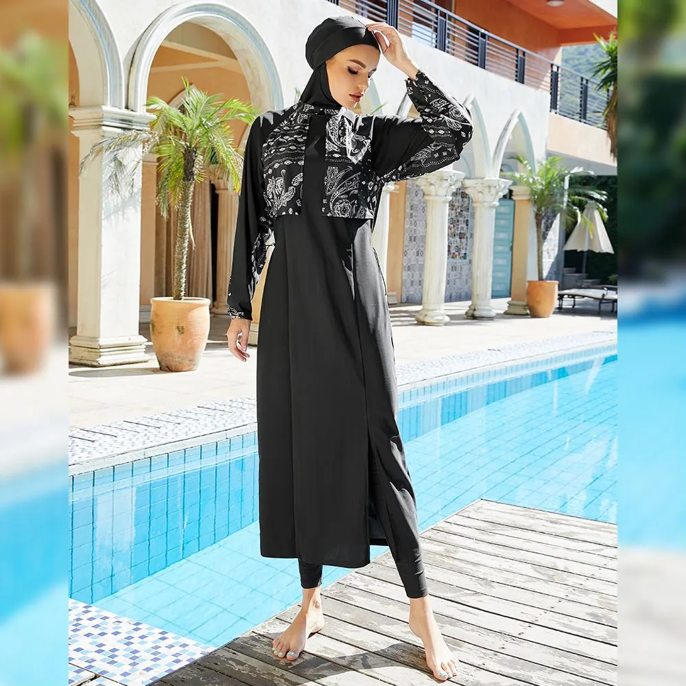 

3 Piece Set Modest Women Muslim Hijab Long Abaya Swimwear Islamic Full Cover Swimsuit Bathing Arabic Burkini Femme Costumes Suit