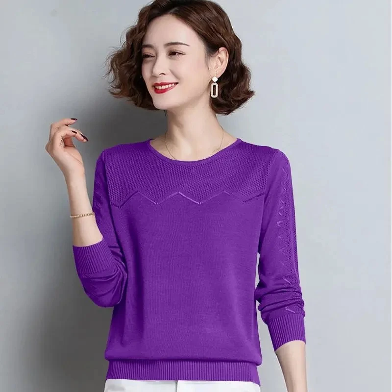 Hollow Out Women\'s Spring Autumn Coat Long Sleeves 2022 New Pullover Crew Neck Knitted Female Top Loose Fashion Primer Shirt