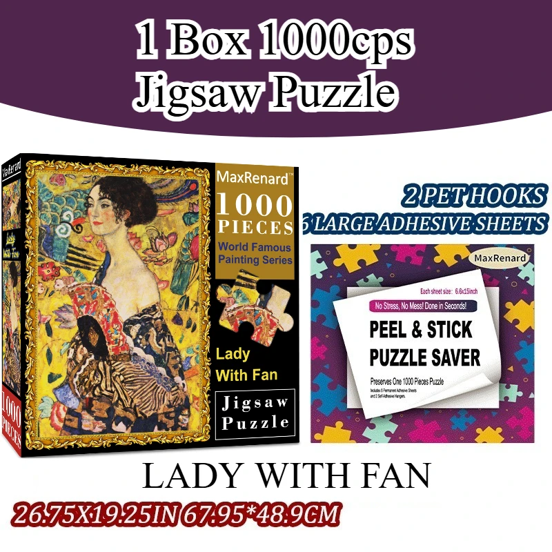 Puzzle Gift Set：1 Box 1000 Pieces Cardboard LADY WITH FAN , Puzzle Storage Kit with 6 Large Self-Adhesive Backing Stickers