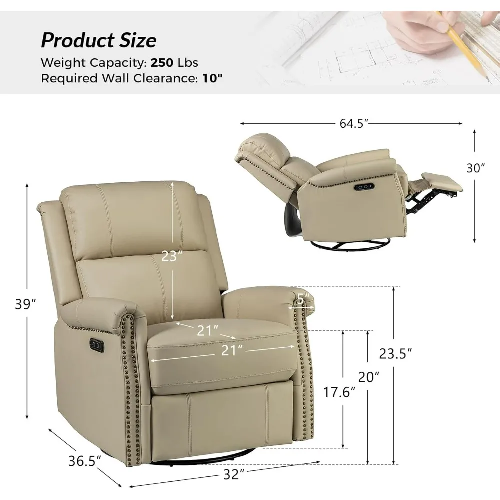 Leather Recliner Chairs Set of 2 with USB Port, Modern Electric Swivel Rocker Glider Recliners with Nailhead Trim & Metal Base