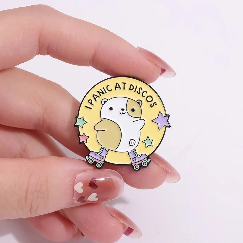 I PANIC AT DISCOS Enamel Pin Cute Skating Puppy Badge Animal Lapel Metal Brooch Jewelry Gift for Kids Wholesale