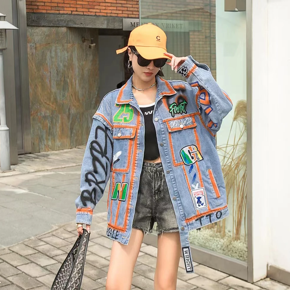 

European Ladies Fashion Streetwear Denim Jacket Women 2022 Spring New Korean Style Letter Printing Painted Jeans Outerwear&coat