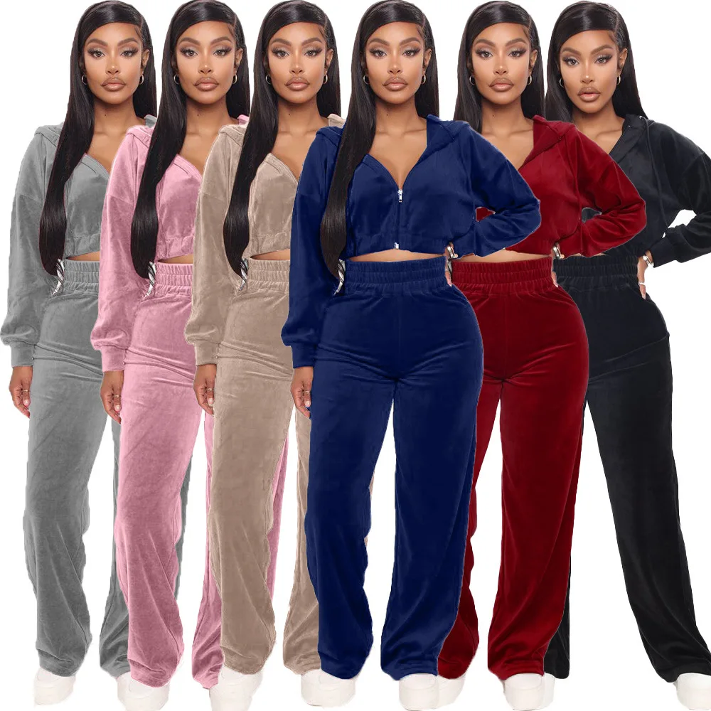 

Autumn Winter Tracksuit Fashionable Sporty Navy Blue Small Stand Collar Two-Piece Sport Pants Set For Street Casual Women'S Wear