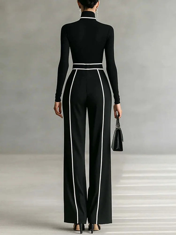 Vinage contraste cor magro roupa reta feminina casual gola alta bottoming topo & calças de cintura alta definir outono ternos manga longa