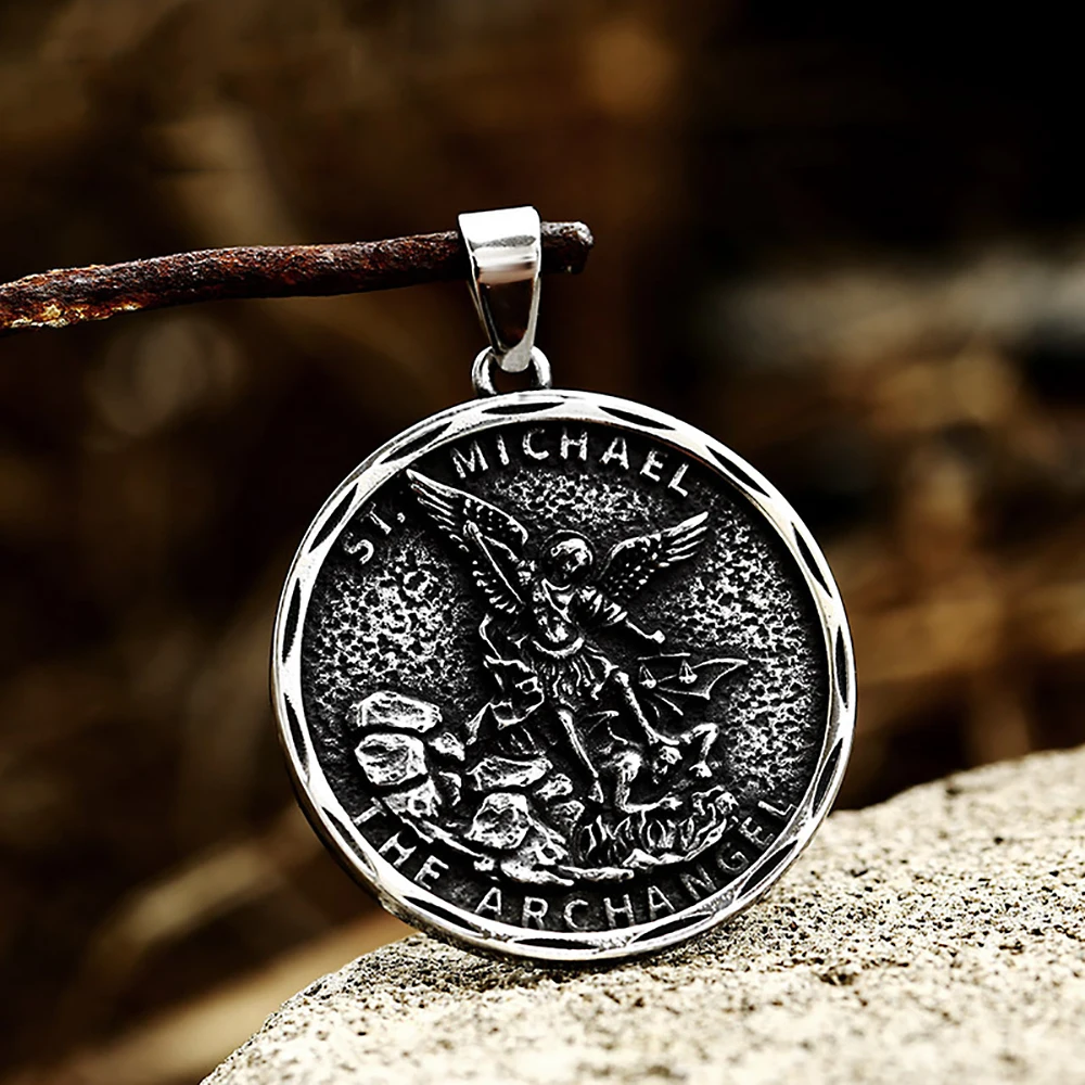 Classic Fashion Stainless Steel St. Michael Archangel Pendant For Men Punk Biker Vintage Amulet Necklace Charm Jewelry Wholesale