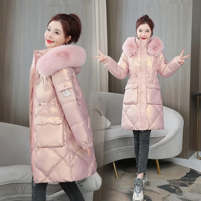 Bright Long Down Cotton-padded Jacket High-grade Cotton-Padded Jacket Korean Version Of Loose Warm Collar Cotton-Padded Jacket.