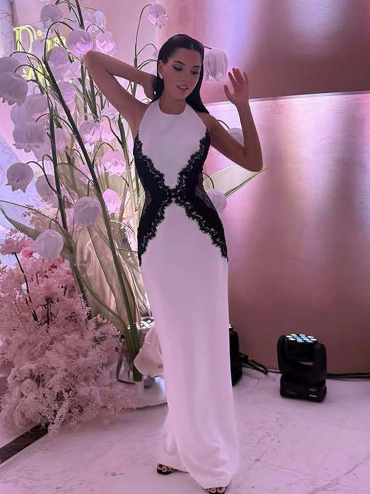 レースカットアウトマキシ丈ワンピース レディース エレガント パッチワーク バックレス Oネック スリム スリット ロングドレス 女性 パーティー クラブ グロウン プロム ベスティドス