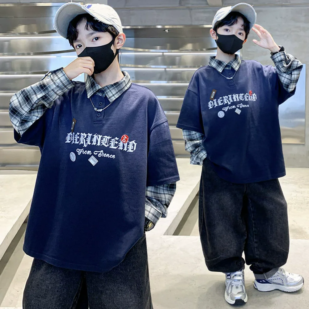 

Новый дизайн для мальчиков, толстовка из двух предметов в клетку с воротником для детей, школьная модная уличная одежда, детская повседневная хлопковая толстовка-поло