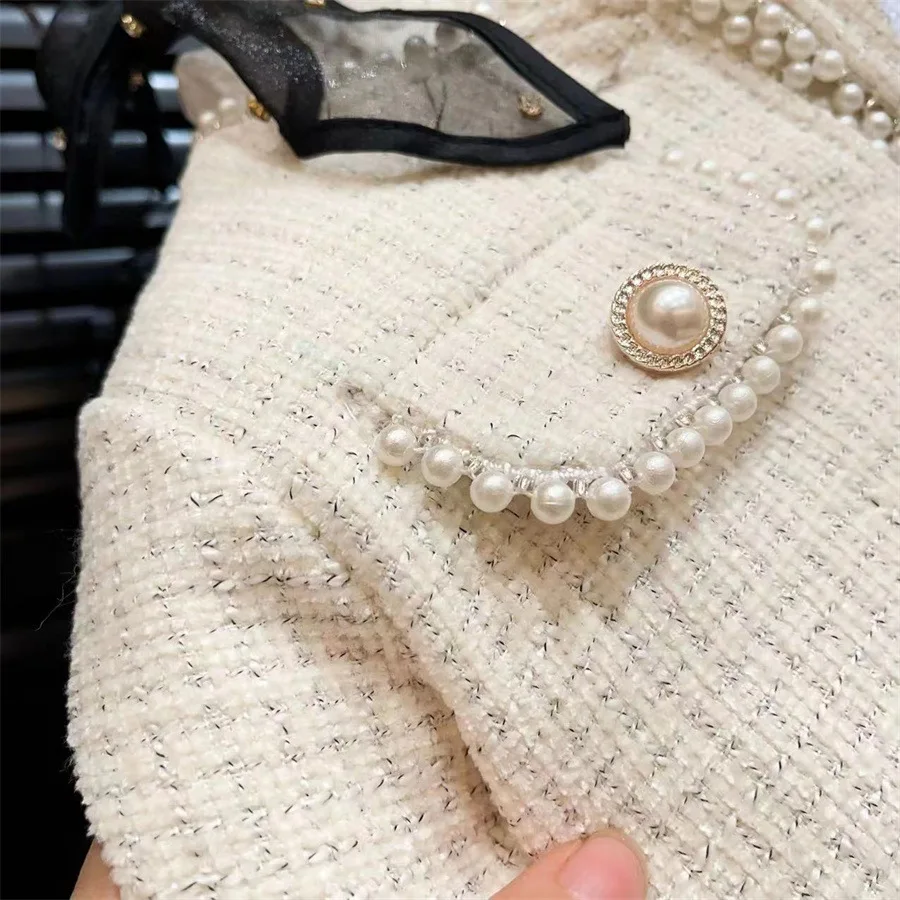 Girls Suit Spring and Autumn Korean Fashion Solid Color Pearl Button Childrens Coat Skirt Two Piece Set
