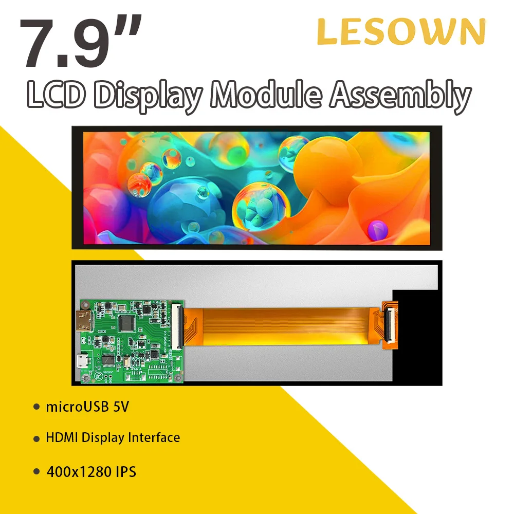 LESOWN Long Bar Screen 7.84 inch Display HDMI USB Powered 400x1280 HD Resolution IPS LCD Panel 500cd/m2 High Brightness Module