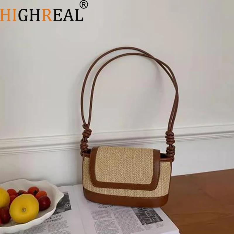 

HIGHREAL Straw Bags Summer Women Tote Bags Designer Handbags PurseS Weave Drawstring Closure Wooden Handle Beach Shoulder Bag