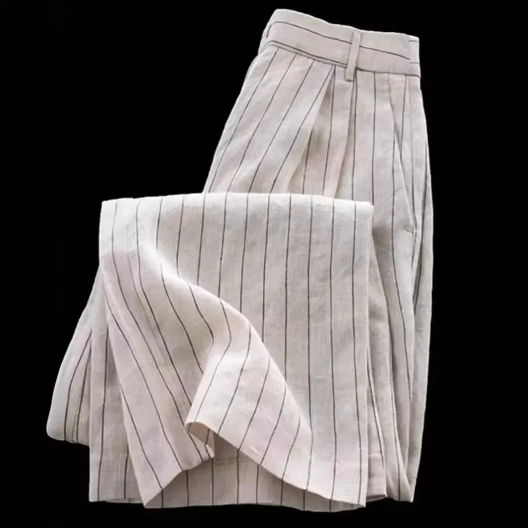 

Pop Natural Linen Vertical Stripes Casual Pants Women Straight Leg Wide Leg Cotton Linen Trousers Comfortable Loose Fit Long Pan