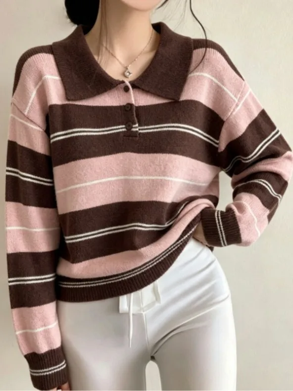 Loose Women's  Neck Knitted Sweater Soft Cozy Overhead Striped Top Korean Style Casual Long Sleeve Autumn Fashion