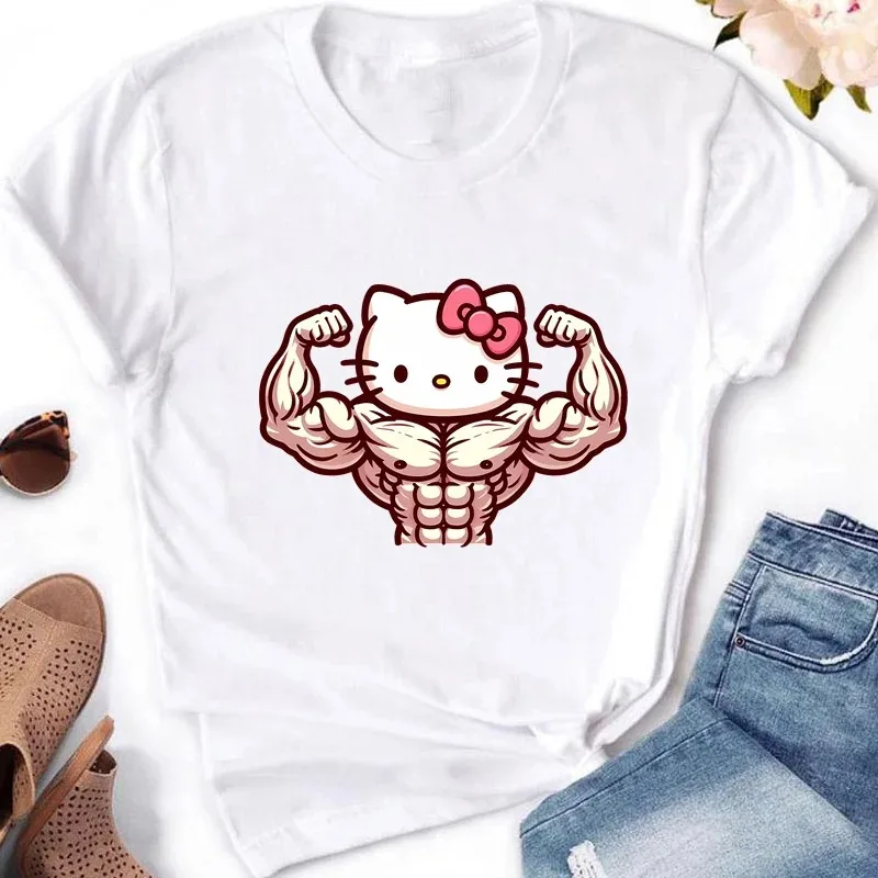 Muscle Sanrioes Women T-shirt Anime HelloKittys Cinnamorolls Kuromis Funny Modeling Men's Clothes Casual Short Sleeve Tshirt