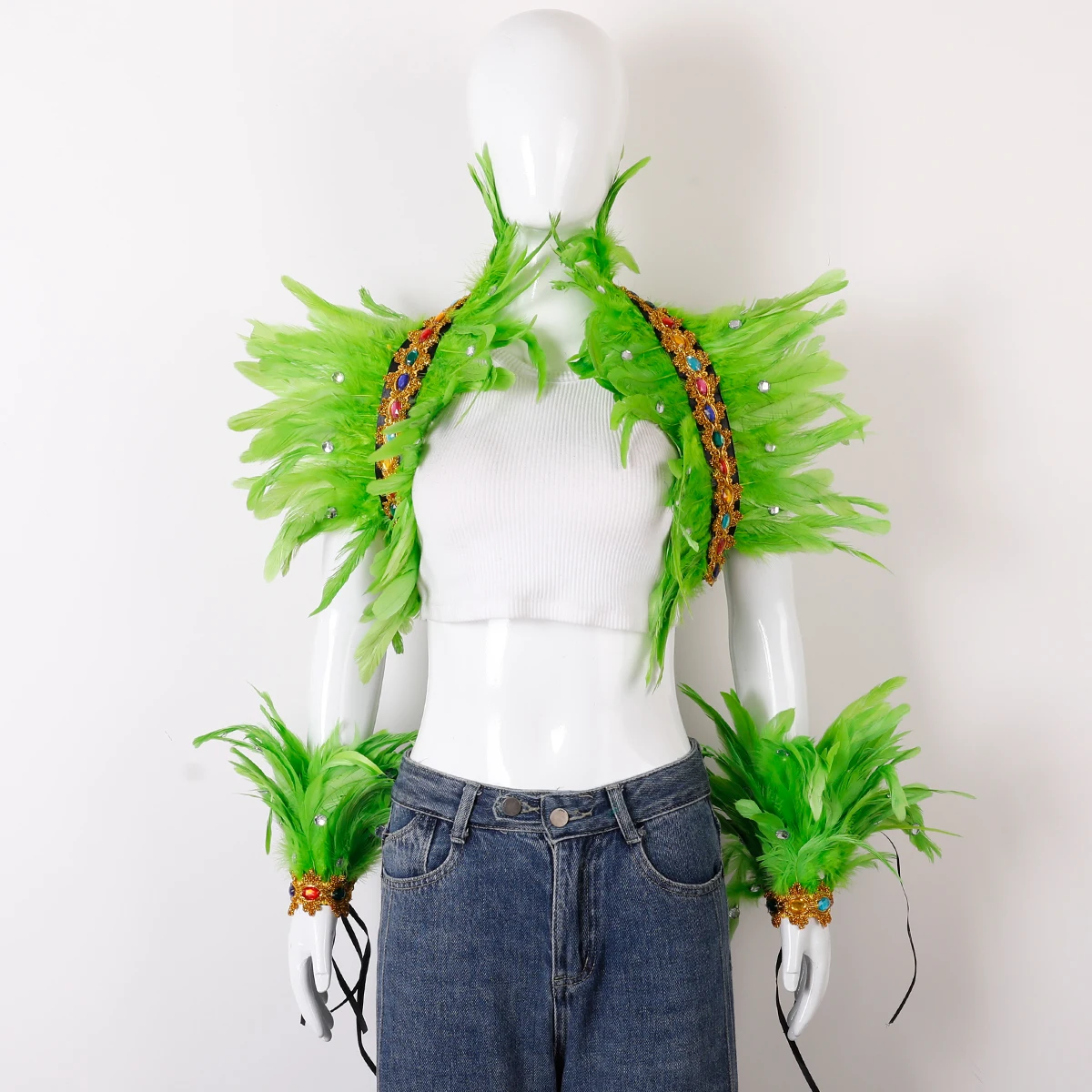 Selendang Bahu Bulu Berhias Berlian Imitasi dengan Manset Lengan Senada untuk Karnaval, Halloween, Cosplay, Panggung, Rave, Festival, Pesta, Aksesoris Kostum