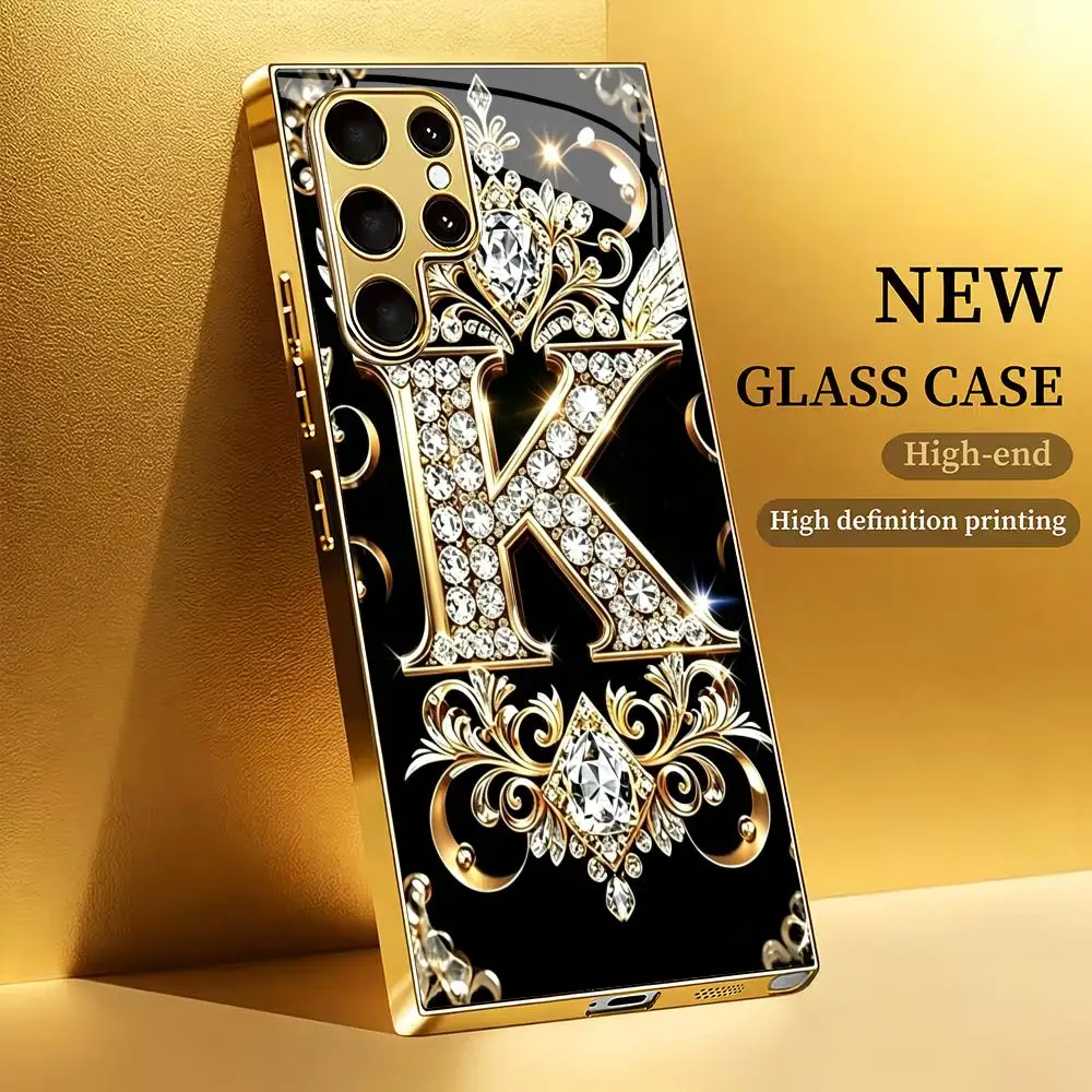 Golden letter K electroplated glass phone case suitable for Samsung Galaxy S26 S25 S24 S22 S21 S20 FE/Ultra/Plus anti drop
