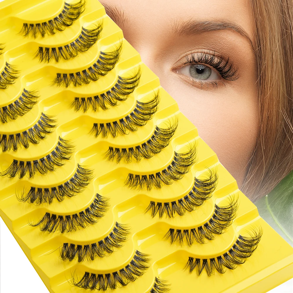 MJ 10 Pairs D Curl Natural Fluffy False Eyelashes Wispy 3D Volume Strip Lashes Fake Eyelashes with Clear Band Eyelash Extension