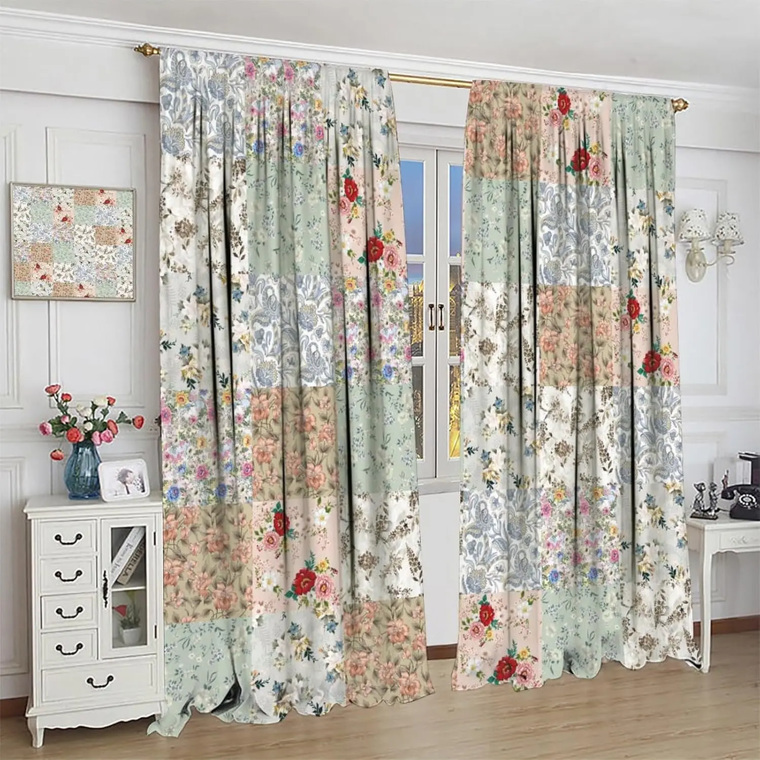 Retro Flower Patchwork Curtains，Mid Century Boho Paisley Floral Pattern Blackout Rod Pocket Window Curtain，for Kids Teens Adults