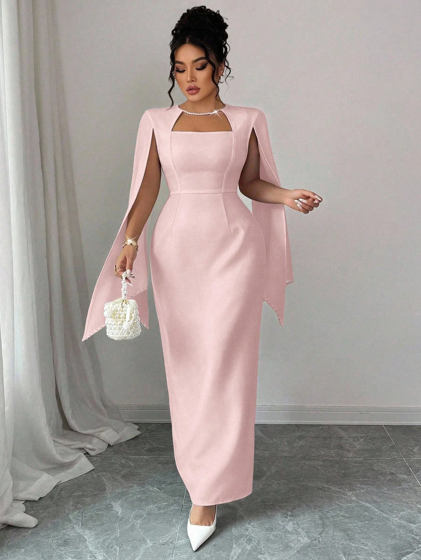 

Элегантное платье с квадратным вырезом, приталенное, с жемчужными манжетами, для вечеринок и свадеб