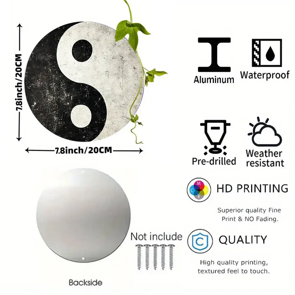 Tai Chi Yin Yang Symbol Round Plaque - Aluminum Wall Art for Home & Porch Decor, 7.8x7.8 Inches