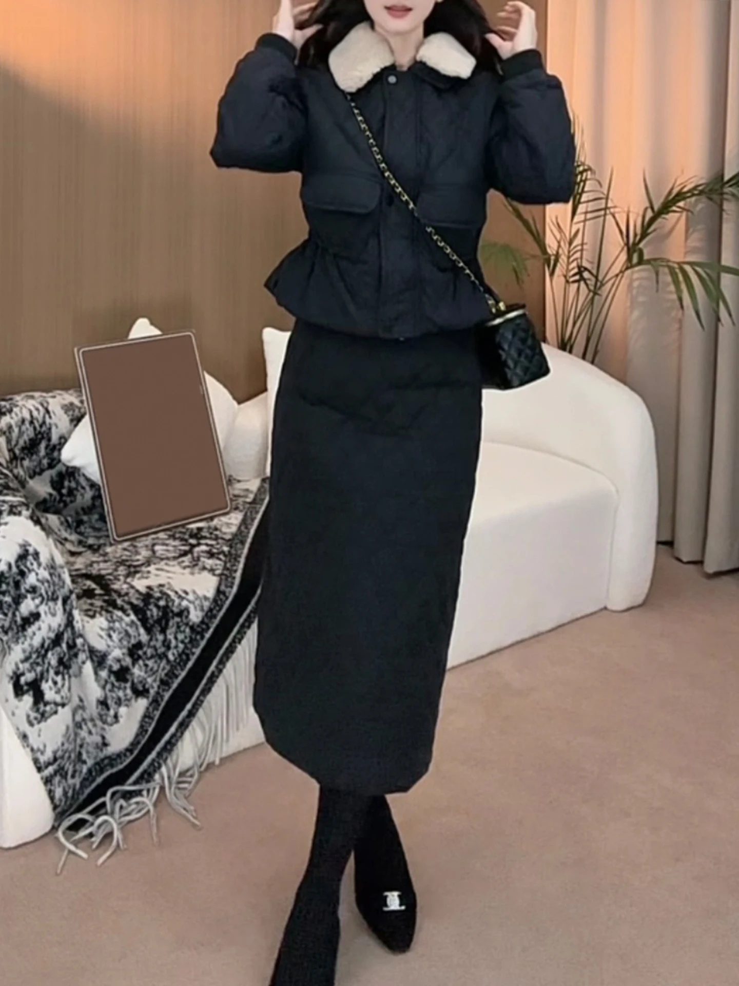 

Fashionable Anti-Aging Cotton Jacket Set Women's Winter New Small Size Waist Cinched Cotton Dress Skirt Two-Piece Set