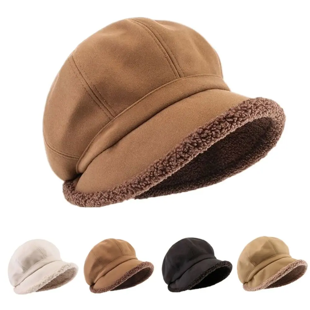 New Wide Brim Suede Bucket Hat Windproof Outdoor Warm Painter Hat Plus Lamb Hair Leisure Visor Cap Women Girl