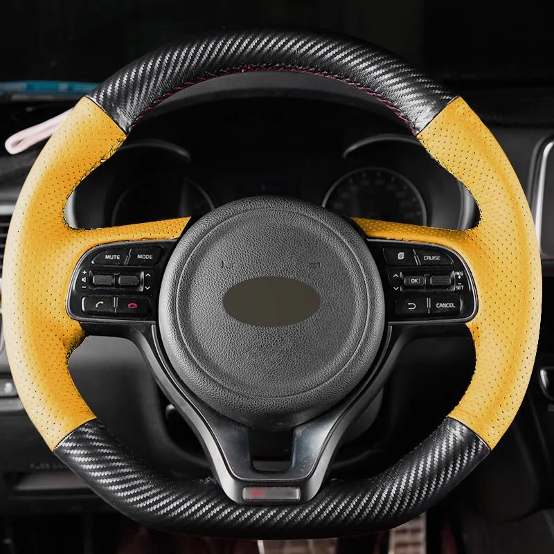 

DIY Matt Carbon Fiber with Yellow Perforated Leather Full Wrap Car Steering Wheel Cover Car Accessoires for Kia K2 K3 K4 K5 KX5