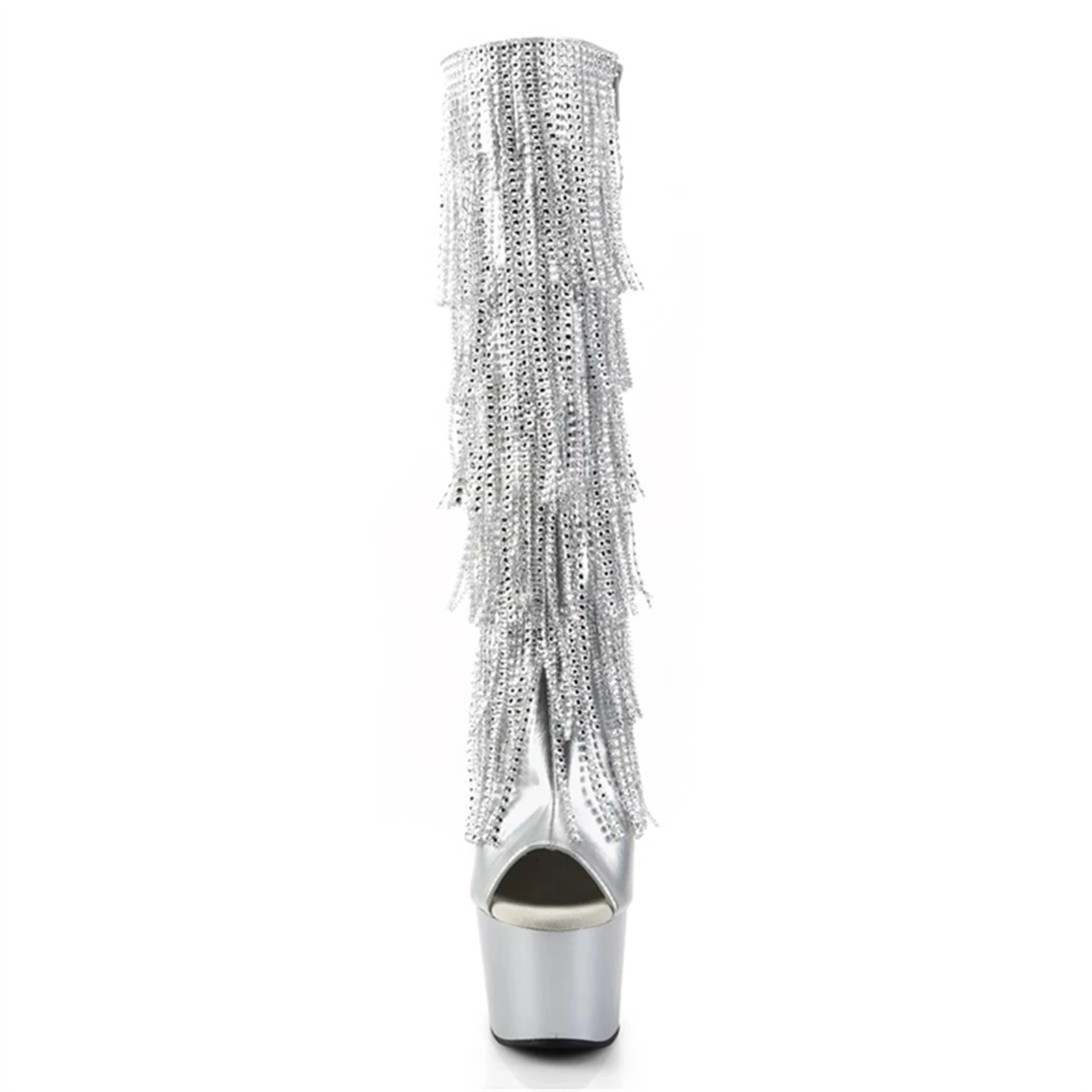 ​17CM Crystal Fringe Thigh Boots, Fully Rhinestone Platform Heels with Long Drop Strands, Available in Silver/Black/Gold​