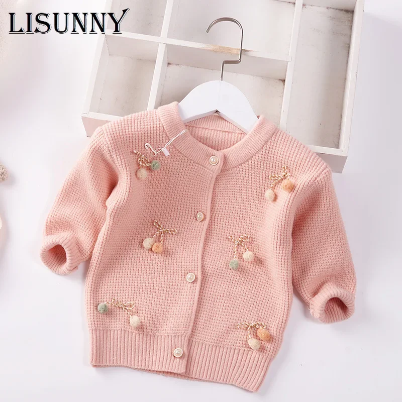 Autumn 2024 Girl Cardigan Sweater Lolita Style Children Knitwear Jacket Baby Top Kids Coat Toddler Sweet Solid Bow Clothes 1T-5T