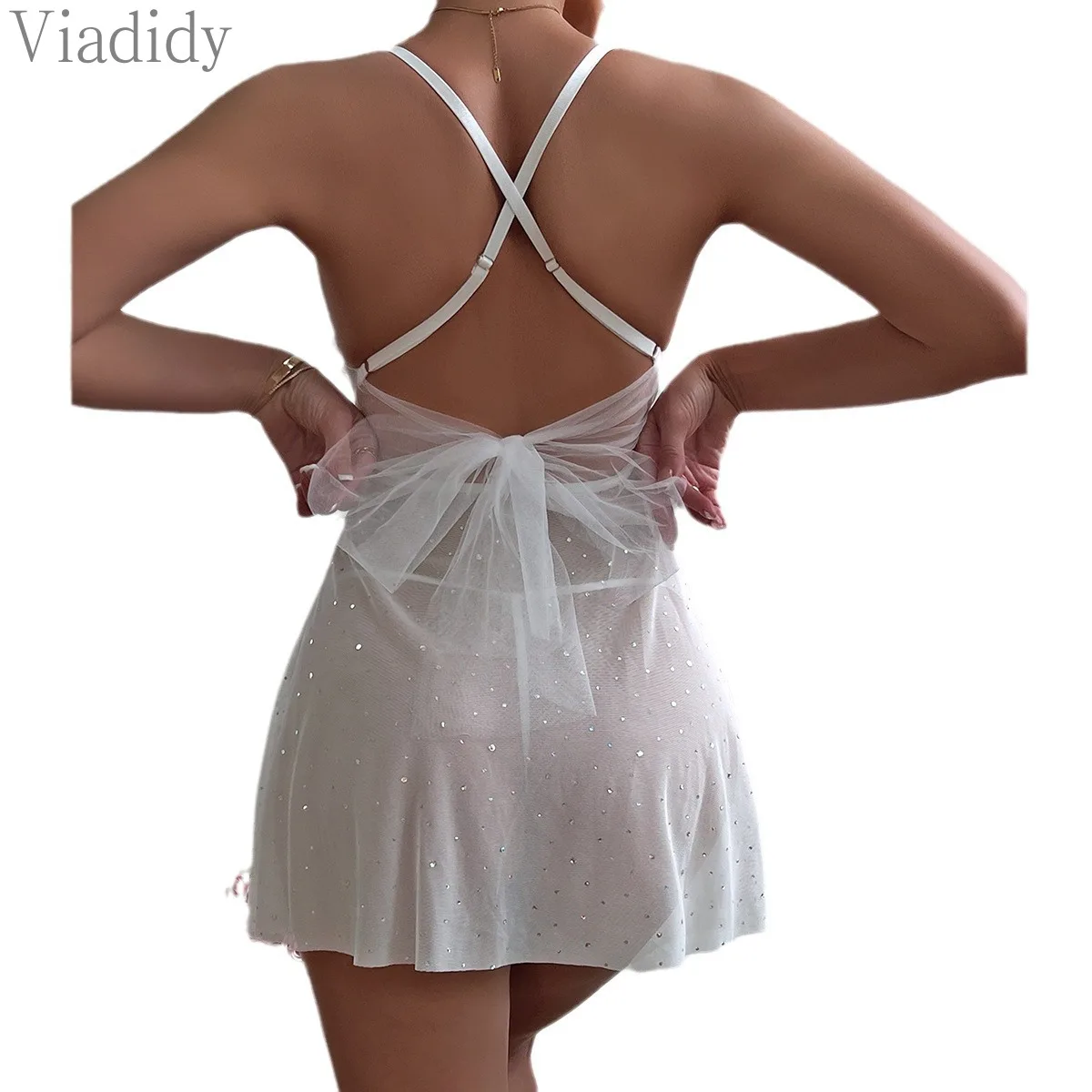 Damska seksowna jednokolorowa przezroczysta siateczka brokatowa dekoracja ze strasami Spaghetti pasek Mini sukienka z figami