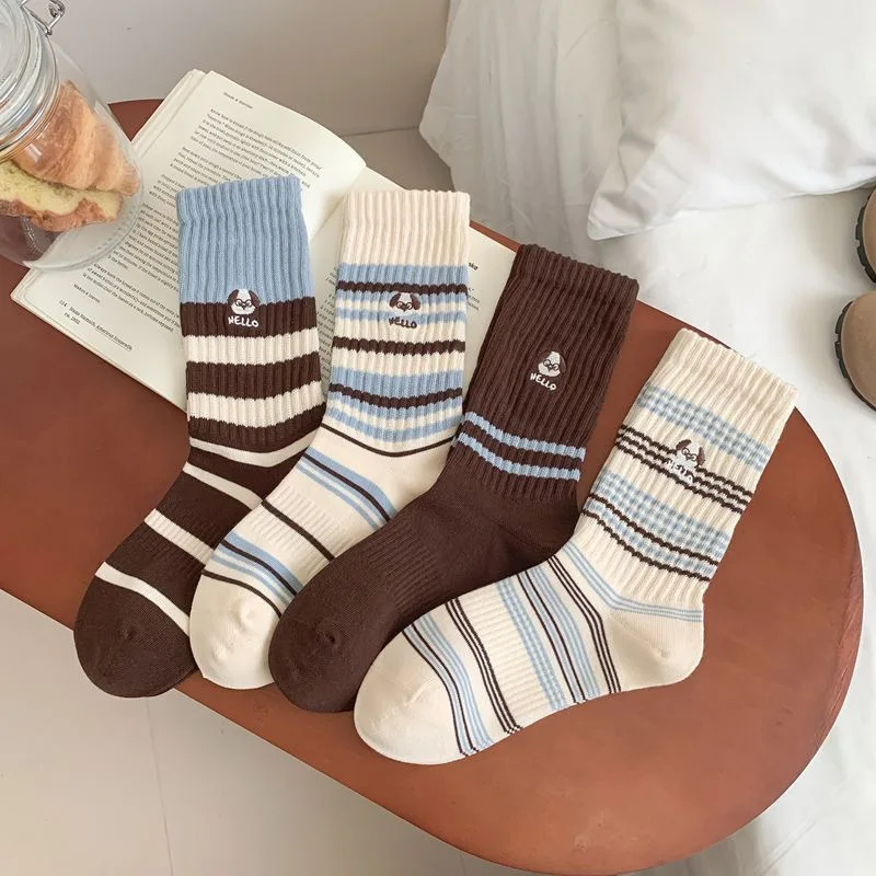 4 Pairs Fall Winter Unisex Cartoon Japanese-Style Embroidered Dog Striped Mid-Calf Socks Fashion Cotton Ankle Socks High Quality